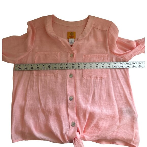 Ruby Rd. Petite Sheer Button-Down Front Tie Blouse - Pink , Size PS - Picture 6 of 7